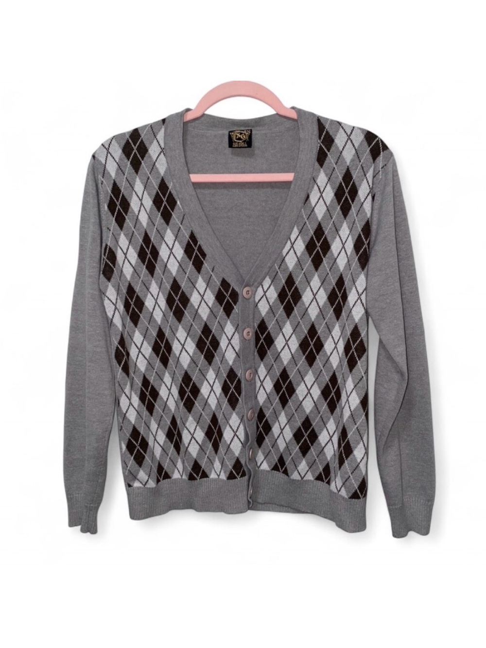 CUTE Dark Academia Downtown Girl Vintage Y2K Gray Brown & White Argyle Cardigan